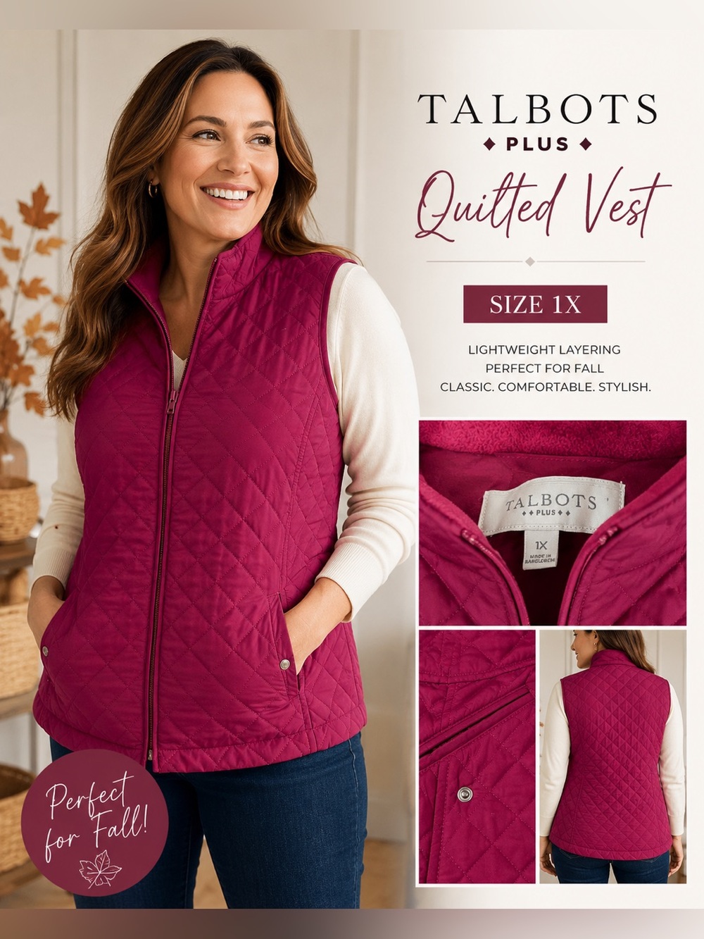 Talbots Plus 1X Quilted Vest Magenta Pink Full Zip Lightweight Fall Layer